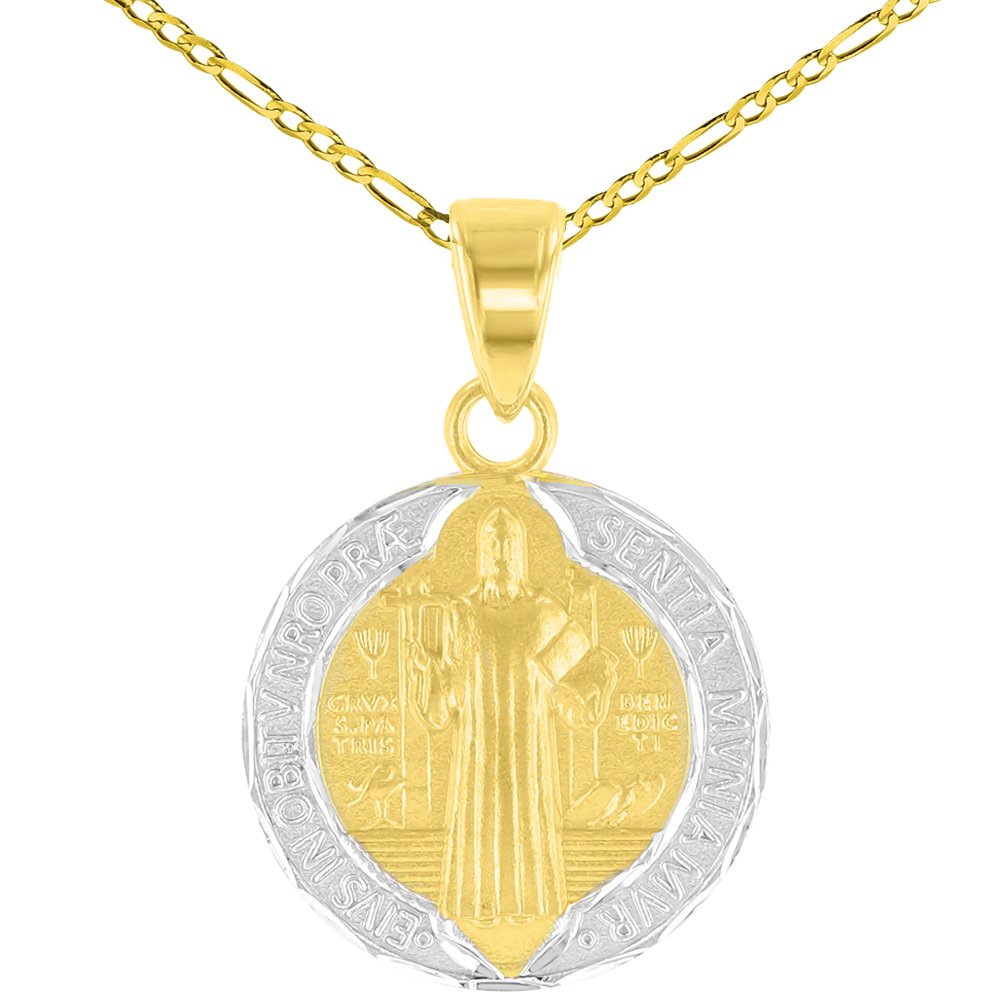 14K Yellow Gold Polished and Satin St Benedict Medal Charm Saint Pendant Figaro Chain Necklace