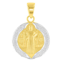 Load image into Gallery viewer, 14K Yellow Gold Polished and Satin St Benedict Medal Charm Saint Pendant Figaro Chain Necklace
