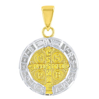 Load image into Gallery viewer, 14K Yellow Gold Polished and Satin St Benedict Medal Charm Saint Pendant Figaro Chain Necklace
