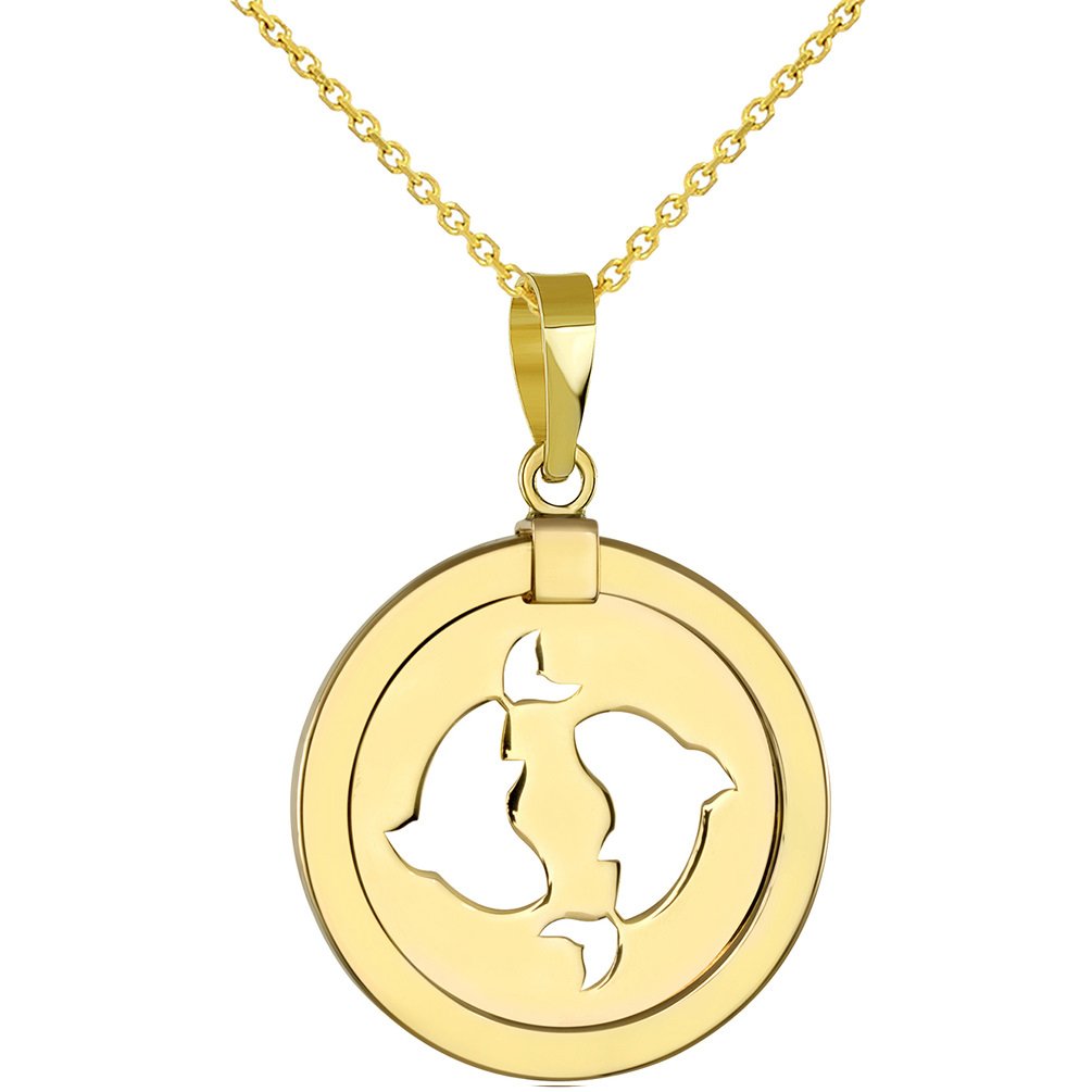 14K Yellow Gold Reversible Round Pisces Zodiac Sign Pendant With Cable, Curb or Figaro Chain Necklace