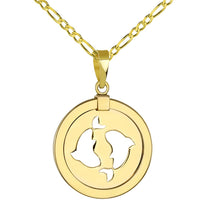 Load image into Gallery viewer, 14K Yellow Gold Reversible Round Pisces Zodiac Sign Pendant With Cable, Curb or Figaro Chain Necklace

