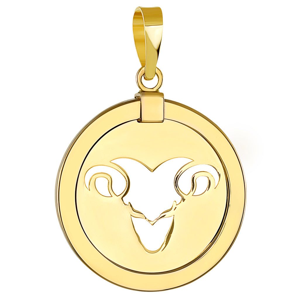 14K Yellow Gold Reversible Round Ram Aries Zodiac Sign Pendant
