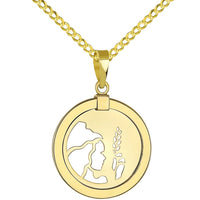 Load image into Gallery viewer, 14K Yellow Gold Reversible Round Virgo Zodiac Sign Pendant with Chain Necklace With Cable, Curb or Figaro Chain
