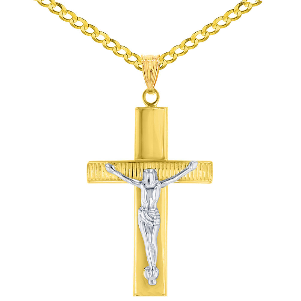 14K Two-Tone Gold Roman Catholic Cross Crucifix with Jesus Christ Pendant Necklace