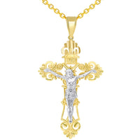 Load image into Gallery viewer, Solid 14K Two-Tone Gold Roman Catholic Cross Jesus INRI Crucifix Pendant with Cable, Curb, or Figaro Chain Necklaces
