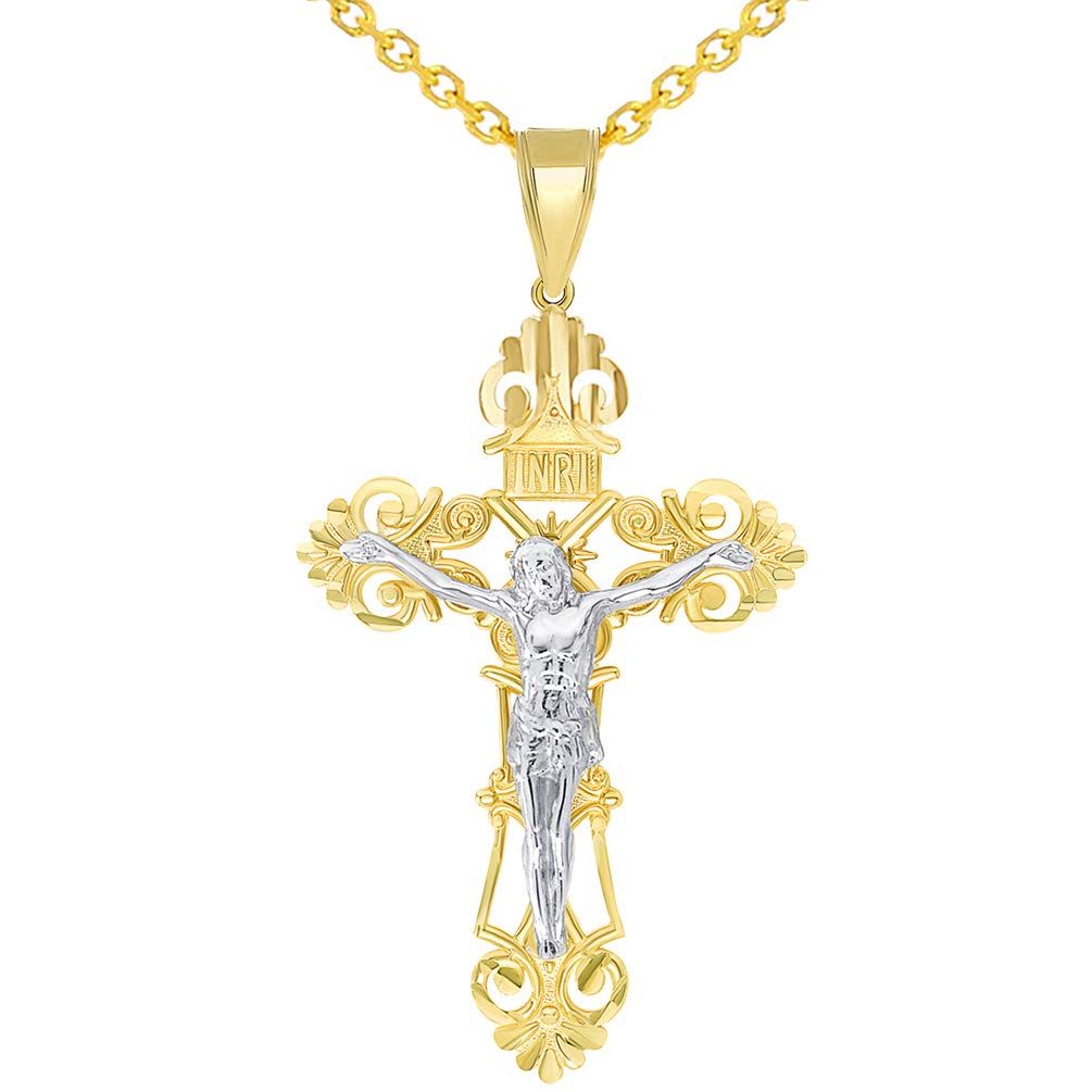 Solid 14K Two-Tone Gold Roman Catholic Cross Jesus INRI Crucifix Pendant with Cable, Curb, or Figaro Chain Necklaces