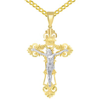 Load image into Gallery viewer, Solid 14K Two-Tone Gold Roman Catholic Cross Jesus INRI Crucifix Pendant with Cable, Curb, or Figaro Chain Necklaces
