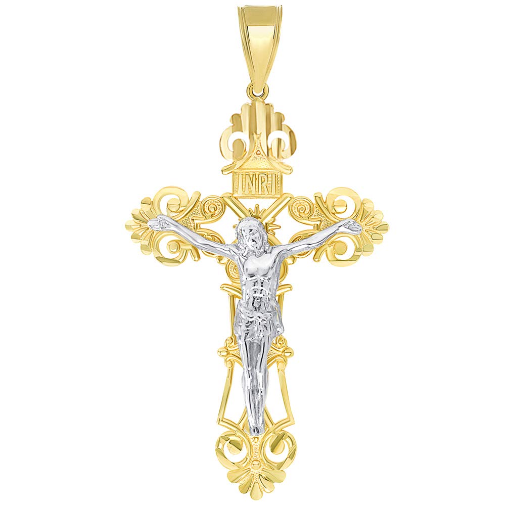 Solid 14K Two-Tone Gold Roman Catholic Cross with Jesus INRI Crucifix Pendant