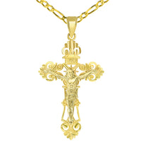 Load image into Gallery viewer, Solid 14K Yellow Gold Roman Catholic Cross with Jesus INRI Crucifix Pendant with Figaro Chain Necklace
