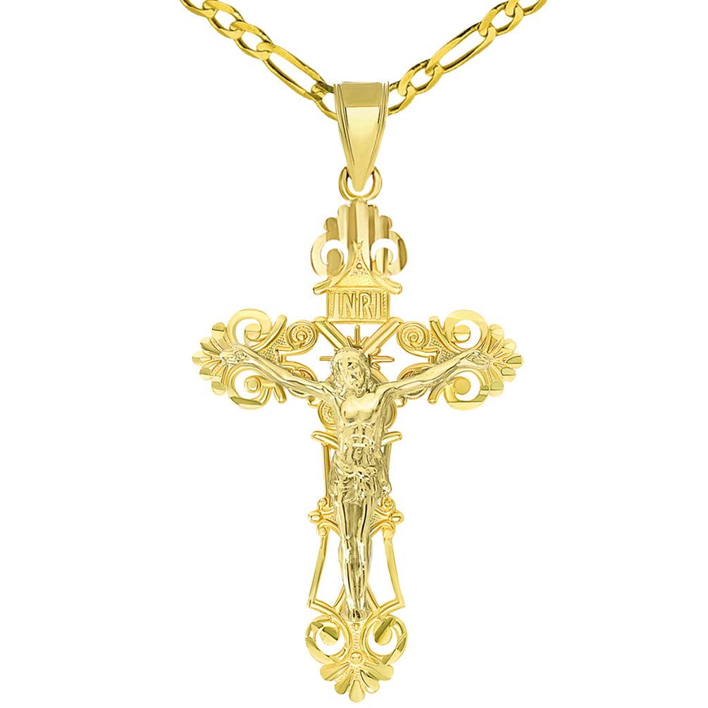 Solid 14K Yellow Gold Roman Catholic Cross with Jesus INRI Crucifix Pendant with Figaro Chain Necklace