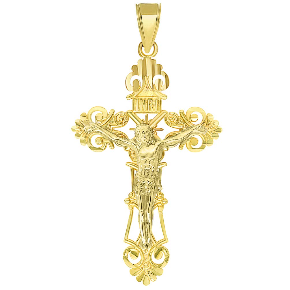 14K Gold Roman Catholic Cross with Jesus INRI Crucifix Pendant