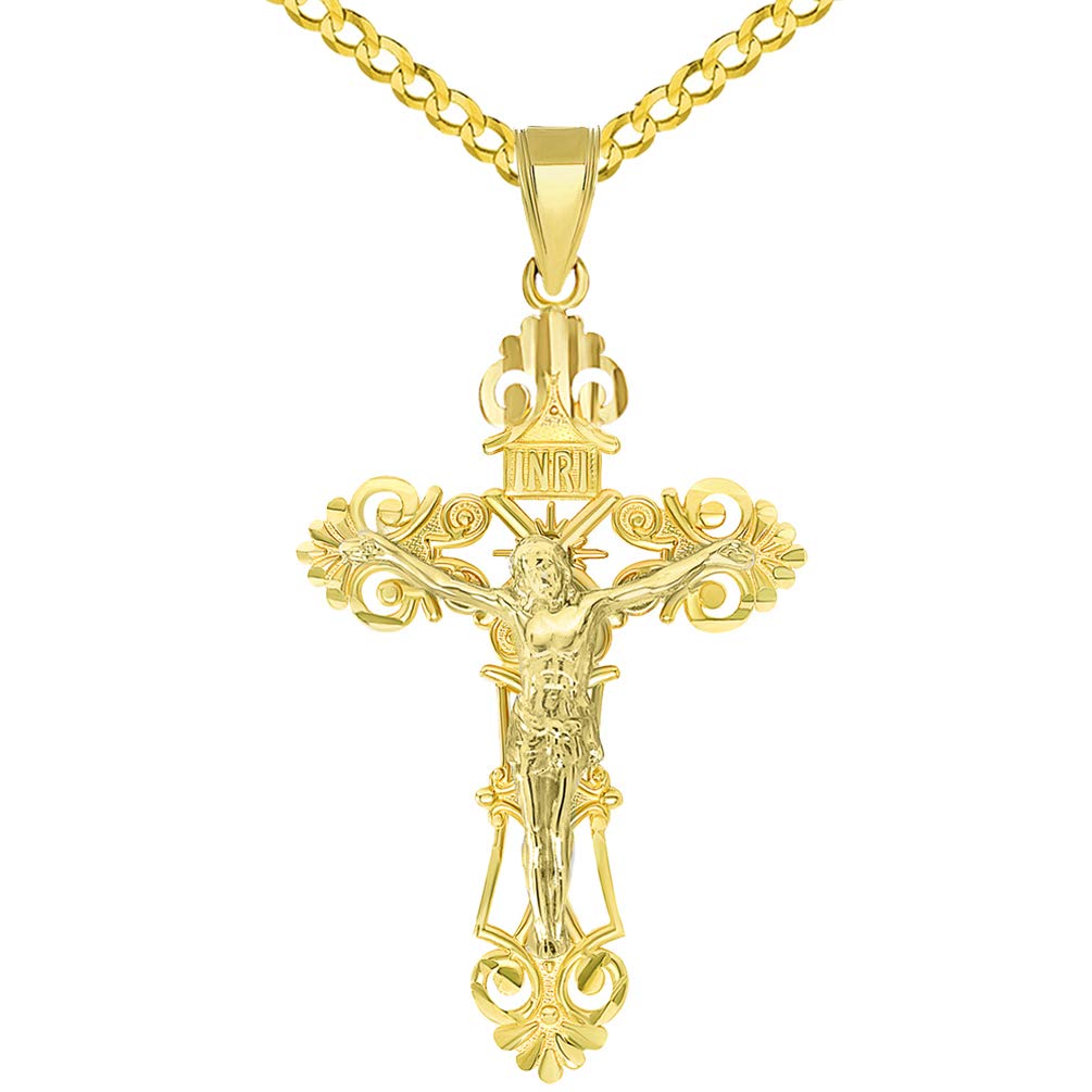 Solid 14K Yellow Gold Roman Catholic Cross with Jesus INRI Crucifix Pendant with Curb Chain Necklace