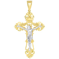 Load image into Gallery viewer, Solid 14K Two-Tone Gold Roman Catholic Large Cross with Jesus INRI Crucifix Pendant (52mm x 28mm)
