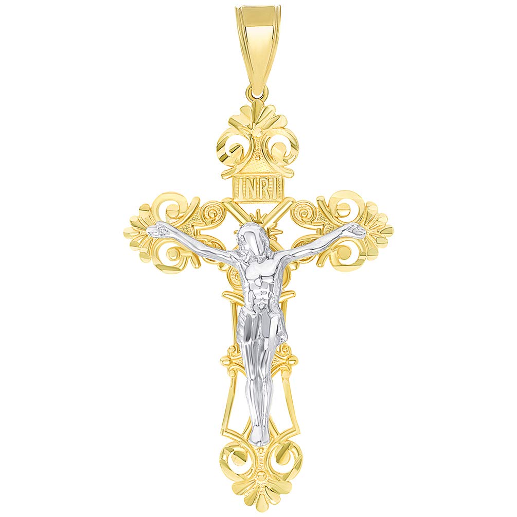 Solid 14K Two-Tone Gold Roman Catholic Cross with Jesus INRI Crucifix Pendant (52mm x 28mm)