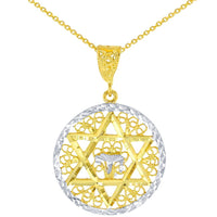 Load image into Gallery viewer, Solid 14K Yellow Gold Round Filigree Star of David with Chai Symbol Pendant with Cable, Cuban Curb, or Figaro Chain Necklaces
