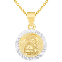 Load image into Gallery viewer, Solid 14K Yellow Gold Round Guardian Angel Textured Medallion Charm Pendant Necklace Available with Rolo, Curb, or Figaro Chain
