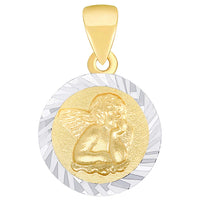 Load image into Gallery viewer, Solid 14K Yellow Gold Round Guardian Angel Textured Medallion Charm Pendant Necklace Available with Rolo, Curb, or Figaro Chain
