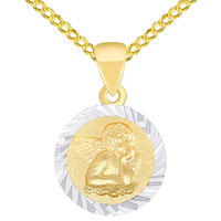 Load image into Gallery viewer, Solid 14K Yellow Gold Round Guardian Angel Textured Medallion Charm Pendant Necklace Available with Rolo, Curb, or Figaro Chain

