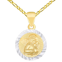 Load image into Gallery viewer, Solid 14K Yellow Gold Round Guardian Angel Textured Medallion Charm Pendant Necklace Available with Rolo, Curb, or Figaro Chain
