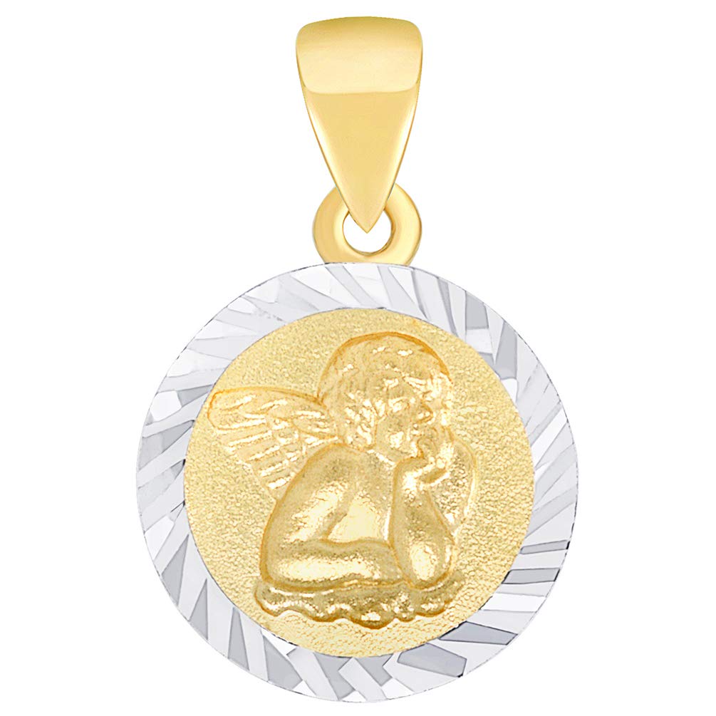 Solid 14K Gold Round Guardian Angel Textured Medallion Charm Pendant - Yellow Gold