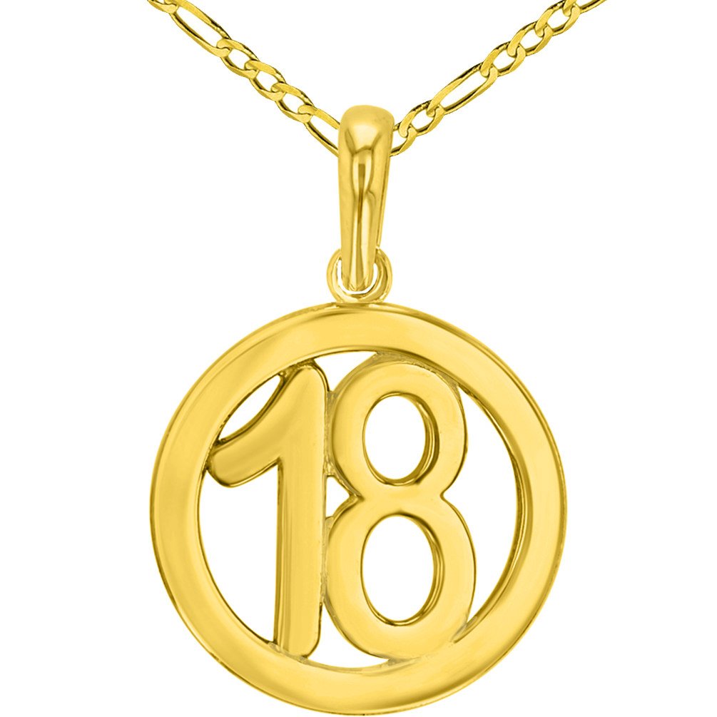 Solid 14K Yellow Gold Round Number Eighteen Charm Pendant with Figaro Chain Necklace