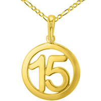 Load image into Gallery viewer, Solid 14K Yellow Gold Round Number Fifteen Charm Pendant with Figaro Chain Necklace
