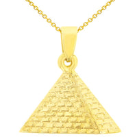 Load image into Gallery viewer, 14K Yellow Gold Satin Polished Egyptian 2D Pyramid Pendant with Cable, Curb, or Figaro Chain Necklaces
