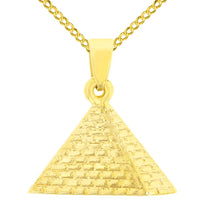 Load image into Gallery viewer, 14K Yellow Gold Satin Polished Egyptian 2D Pyramid Pendant with Cable, Curb, or Figaro Chain Necklaces
