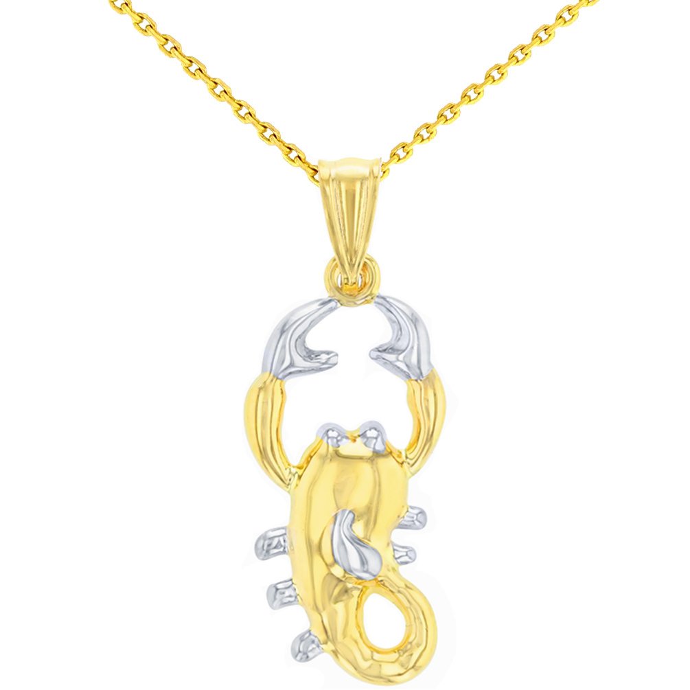 High Polish 14K Yellow Gold Scorpion Pendant Scorpio Zodiac Sign Charm With Cable, Curb or Figaro Chain Necklace