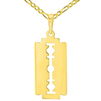 Load image into Gallery viewer, Solid 14K Yellow Gold Sharp Edged Razor Blade Pendant with Figaro Chain Necklace
