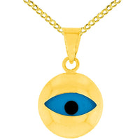 Load image into Gallery viewer, 14K Yellow Gold Simple Blue Eye Evil Eye Charm Pendant Cuban Chain Necklace (Medium)
