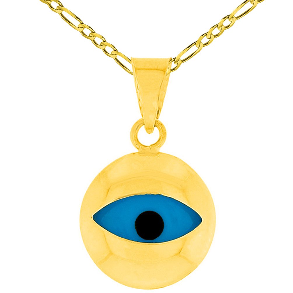 14K Yellow Gold Simple Blue Eye Evil Eye Charm Pendant Figaro Chain Necklace (Medium)