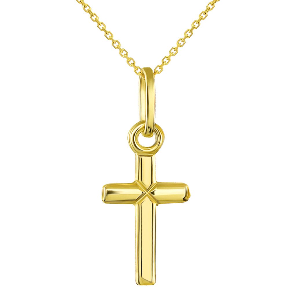 14K Yellow Gold Simple Classic Tiny Cross Charm Pendant Necklace
