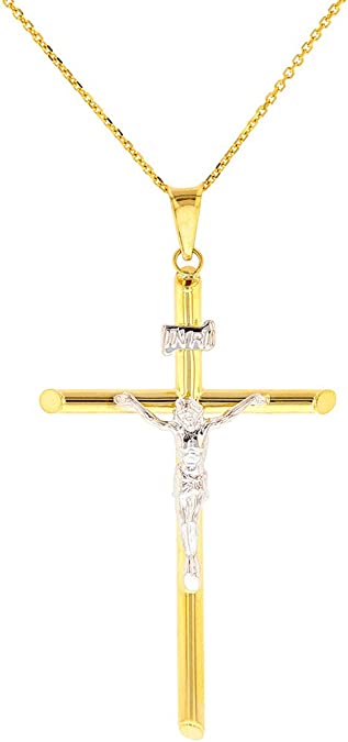 High Polish 14K Gold Simple Cross Crucifix with Jesus Christ Charm Pendant Necklace