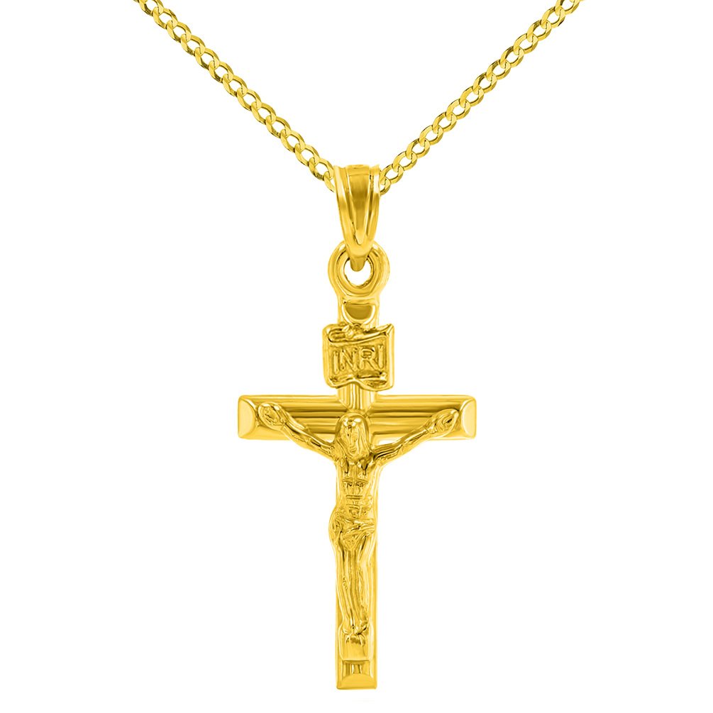 14K Yellow Gold Simple Cross INRI Crucifx Charm Pendant with Cuban Chain Necklace