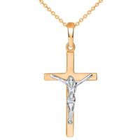 Load image into Gallery viewer, Solid 14K Rose Gold and White Gold Simple Cross Jesus Crucifix Charm Pendant Necklace
