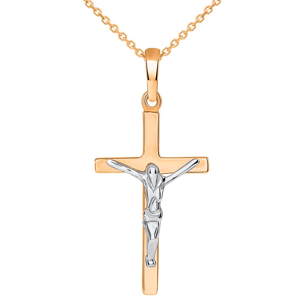 Solid 14K Rose Gold and White Gold Simple Cross Jesus Crucifix Charm Pendant Necklace