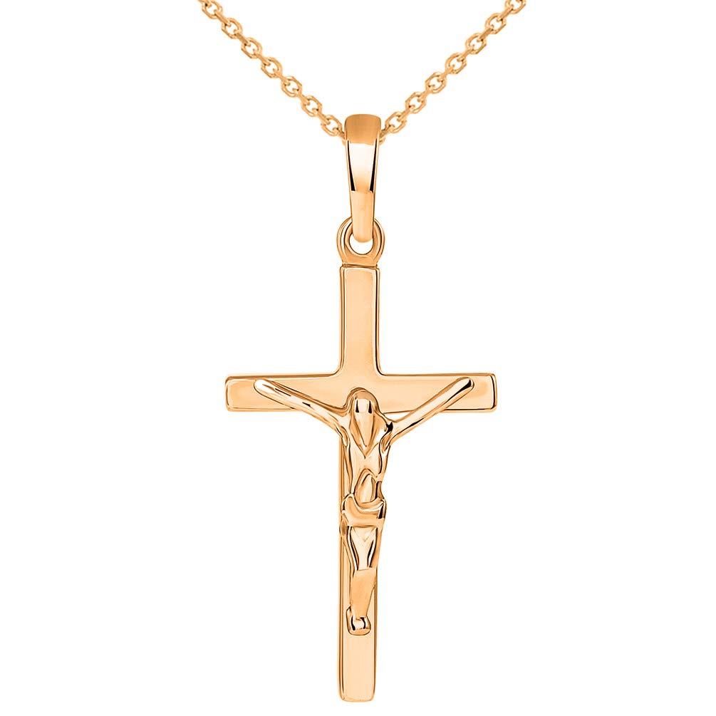 Solid 14K Rose Gold Simple Cross Jesus Crucifix Charm Pendant Necklace