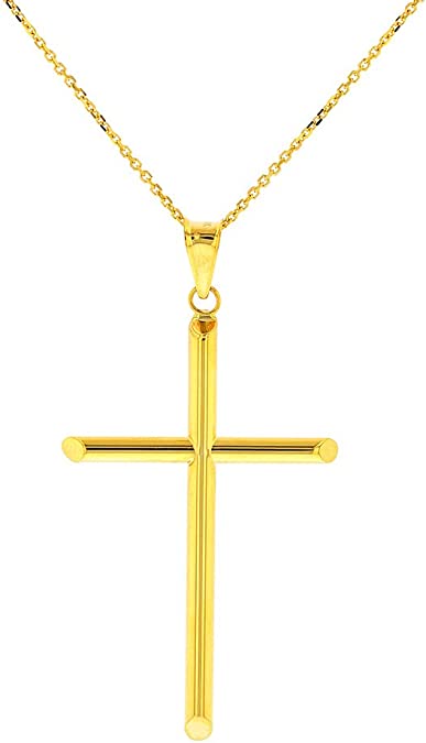 Jewelry America Polished 14K Gold Simple Crucifix Charm Catholic Tubular Cross Pendant Necklace