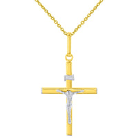 Load image into Gallery viewer, Solid 14K Two-Tone Gold Slender Cross INRI Jesus Crucifix Charm Pendant with Cable, Curb, or Figaro Chain Necklace
