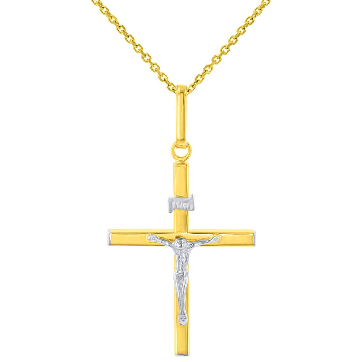 Solid 14K Two-Tone Gold Slender Cross INRI Jesus Crucifix Charm Pendant with Cable, Curb, or Figaro Chain Necklace