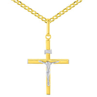 Load image into Gallery viewer, Solid 14K Two-Tone Gold Slender Cross INRI Jesus Crucifix Charm Pendant with Cable, Curb, or Figaro Chain Necklace
