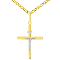 Load image into Gallery viewer, Solid 14K Two-Tone Gold Slender Cross INRI Jesus Crucifix Charm Pendant with Cable, Curb, or Figaro Chain Necklace
