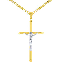 Load image into Gallery viewer, 14K Two-Tone Gold Slender Crucifix Charm Cross with Jesus Christ Pendant Necklace
