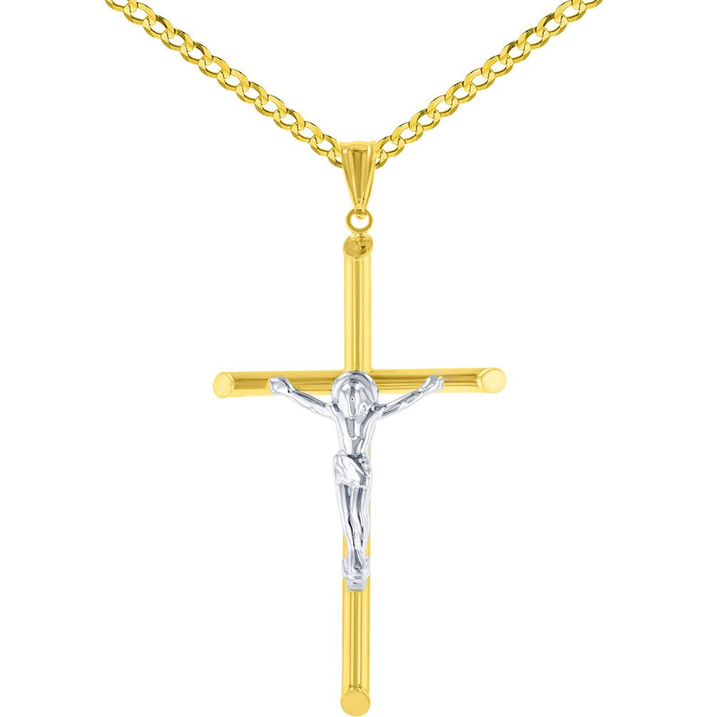 14K Two-Tone Gold Slender Crucifix Charm Cross with Jesus Christ Pendant Necklace
