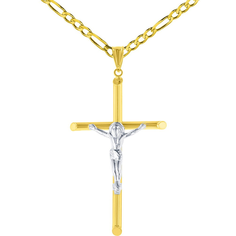 14K Gold Slender Tubular Crucifix Cross with Jesus Christ Pendant Necklace - Two-Tone Gold
