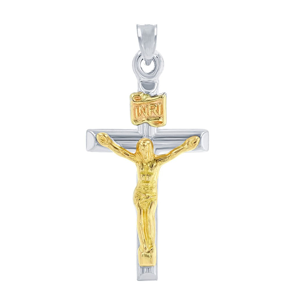 14K White Gold Small Two Tone INRI Cross Jesus Crucifix Pendant