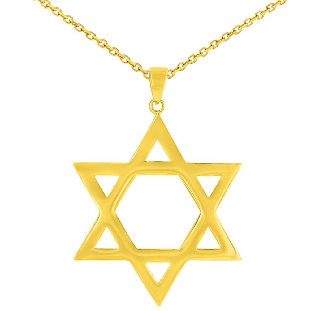Solid 14K Yellow Gold Large Star of David Charm Jewish Symbol Pendant with Cable, Curb, or Figaro Chain Necklace