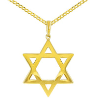 Load image into Gallery viewer, Solid 14K Yellow Gold Large Star of David Charm Jewish Symbol Pendant with Cable, Curb, or Figaro Chain Necklace
