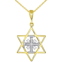 Load image into Gallery viewer, Solid 14K Two Tone Gold Star of David and Jerusalem Cross Pendant With Cable, Curb or Figaro Chain Necklace
